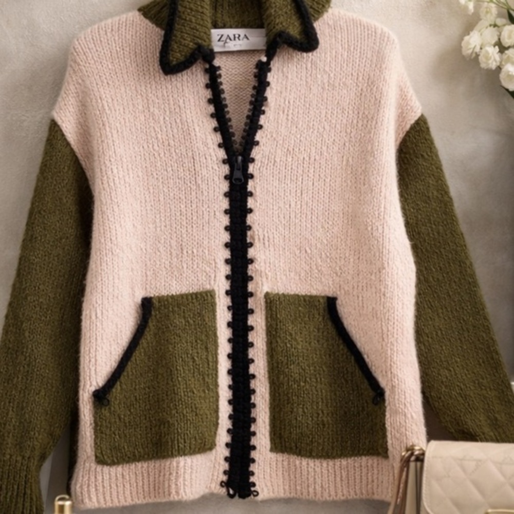 Zara Two-Tone Knit Zip Cardigan in Pale Pink and Olive with Black Trim